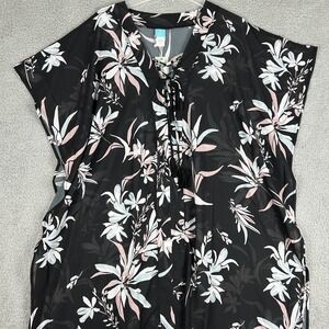 Coastal Blue Kaftan Swim Cover Up Womens Small Black Floral Sheer Tassel Beach